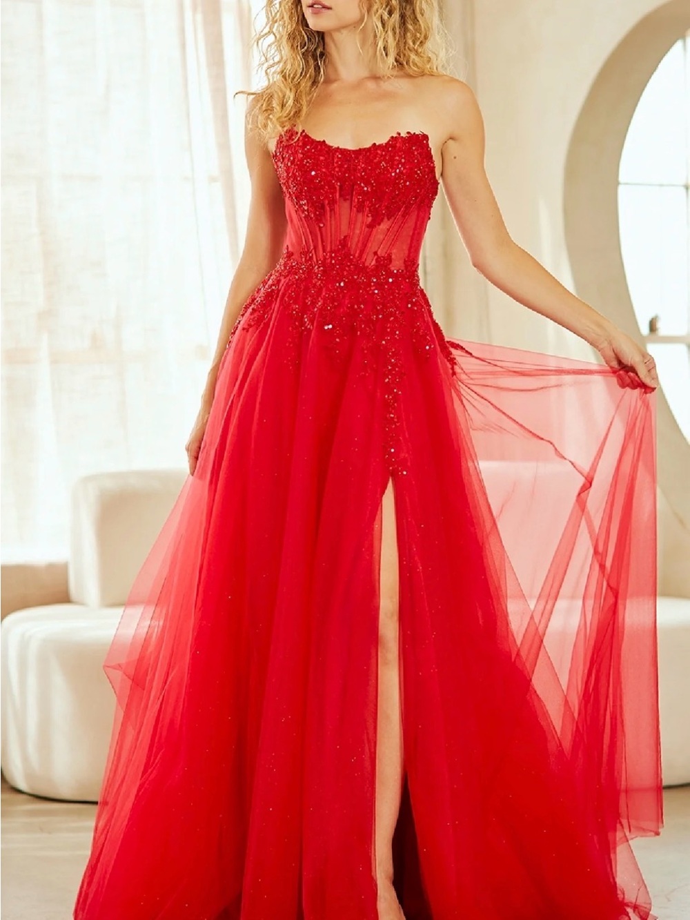 PromGirl Strapless Red Beaded Tulle Gown with Front Slit